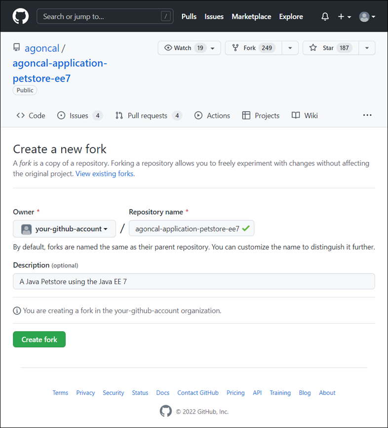 Screenshot of the Create a new fork page in GitHub for creating a new fork of agoncal/agoncal-application-petstore-ee7.