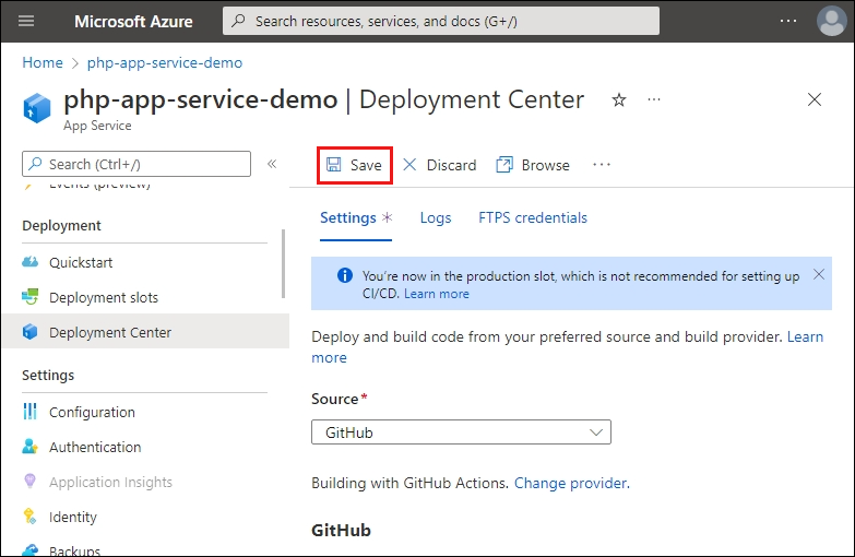 Screenshot of the Deployment Center for the App Service, focusing on the GitHub integration settings. The Save button in the action bar is highlighted.
