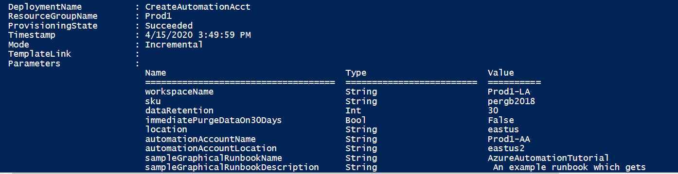 Example result when deployment is complete