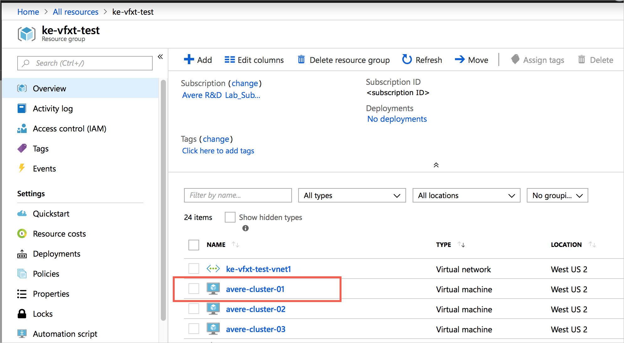 screenshot of Azure portal resource group "overview" panel with a particular VM circled