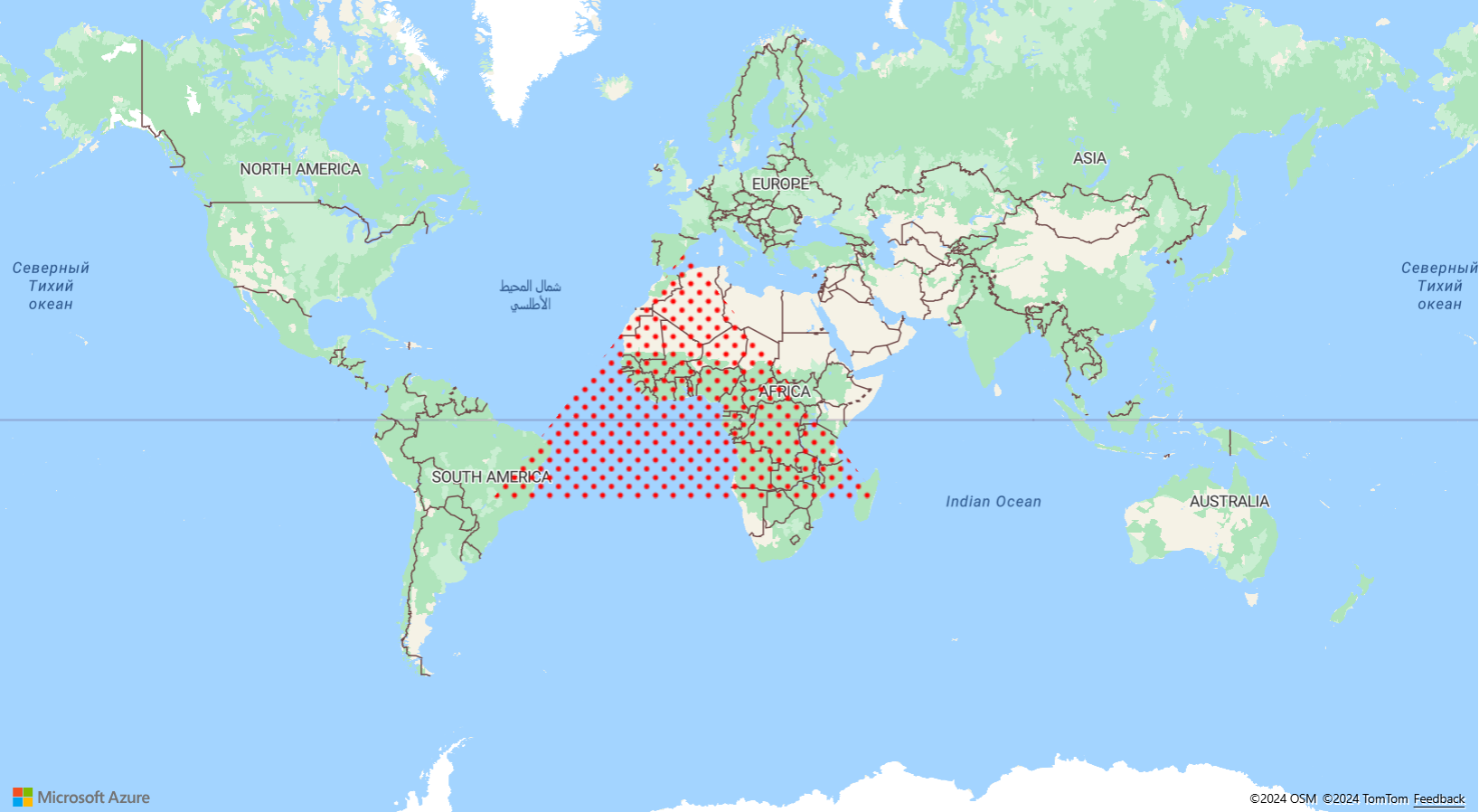 A screenshot of a map of the world with red dots forming a triangle in the center of the map.