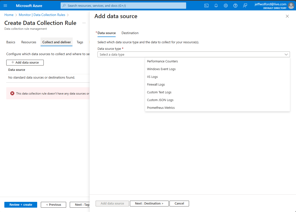Screenshot that shows the Azure portal form to select firewall logs in a data collection rule.