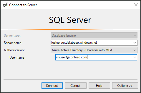 Screenshot of the Connect to Server dialog settings for Server type, Server name, Authentication, and User name.