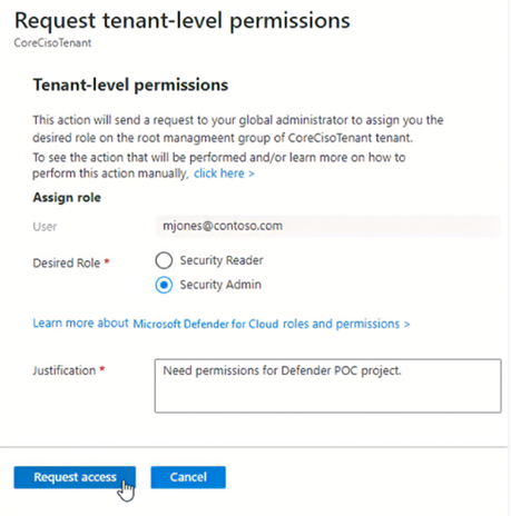 Screenshot of Azure portal request for tenant level Security Admin permissions.