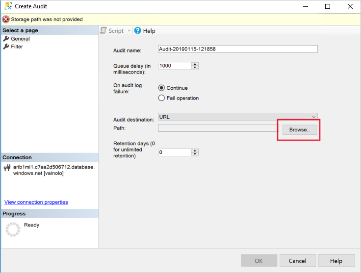 Screenshot showing how to Browse Azure Storage.