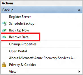 Screenshot of Azure Backup, with Recover Data highlighted (restore to alternate machine)