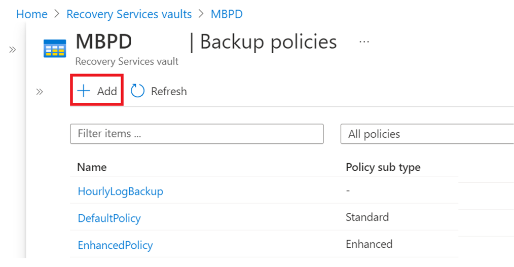 Screenshot showing to add a backup policy.