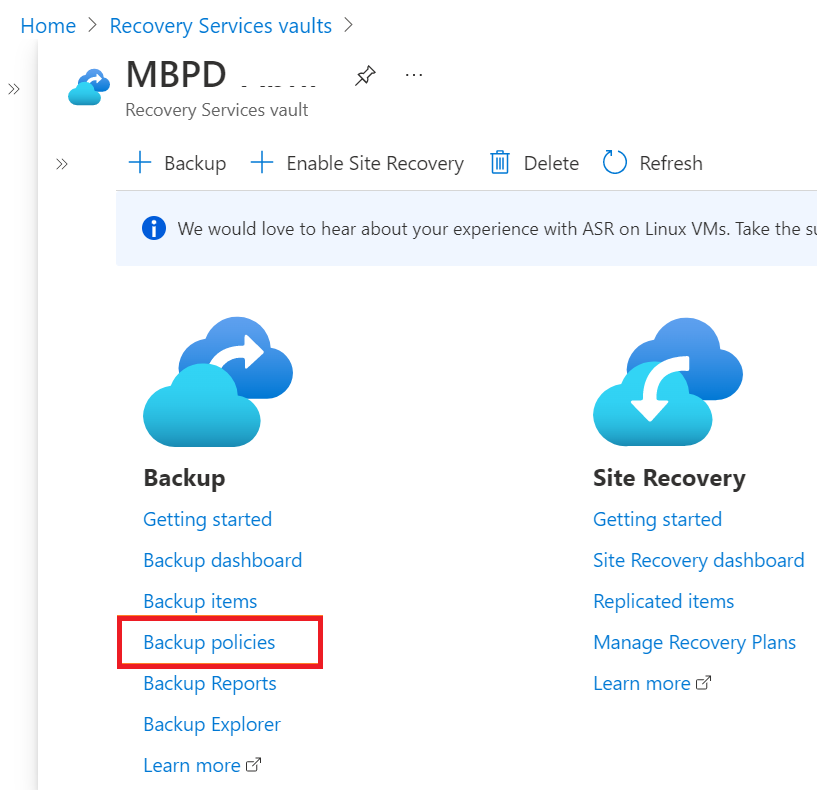 Screenshot showing to choose the backup policies option.