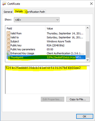 Screenshot shows how to copy value from the thumbprint field.