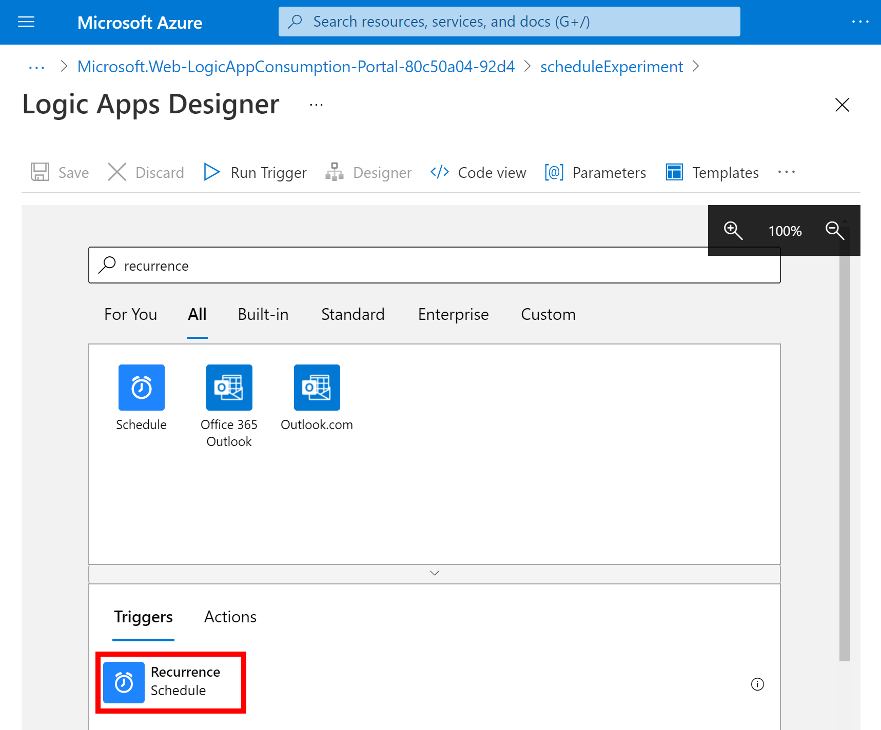 Screenshot that shows the Logic Apps Designer search box that contains the recurrence search term and in the Triggers list, the Recurrence trigger appears selected.