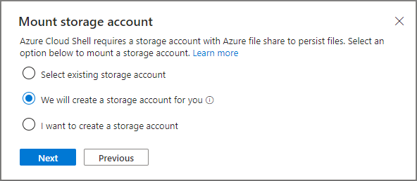 Screenshot showing the create storage account prompt.