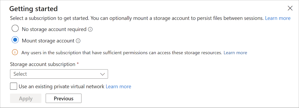 Screenshot showing the select subscription and optional storage prompt.