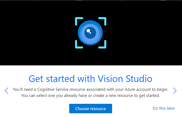 Screenshot of Vision Studio startup wizard.