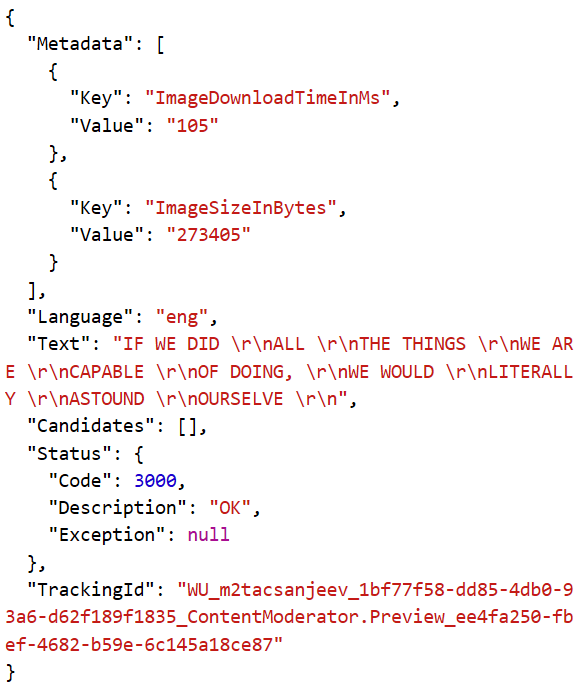 Image - OCR sample Response content box