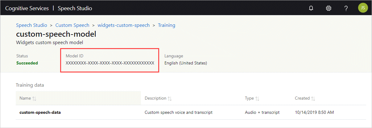 Screenshot that shows Custom Speech model details.