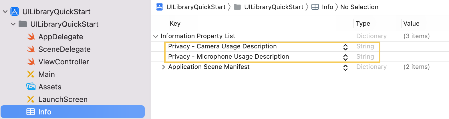 Screenshot that shows the camera and microphone device privacy in Xcode.
