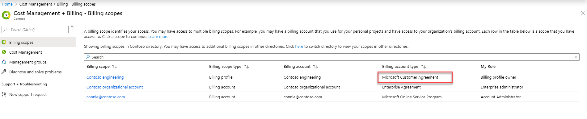 Screenshot that shows billing scopes in Cost Management + Billing.