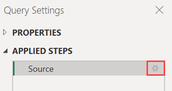 Screenshot of the Query Settings window, showing applied steps with the settings cog highlighted.