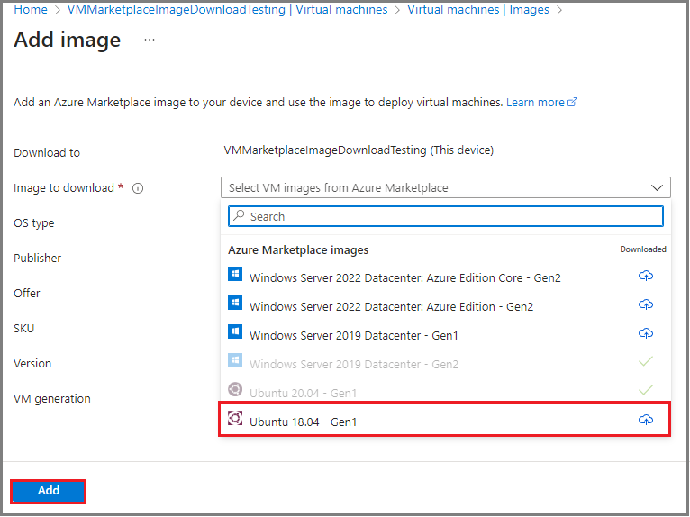 Screenshot showing Azure Marketplace images available for creating a new VM for an Azure Stack Edge device in Azure portal.