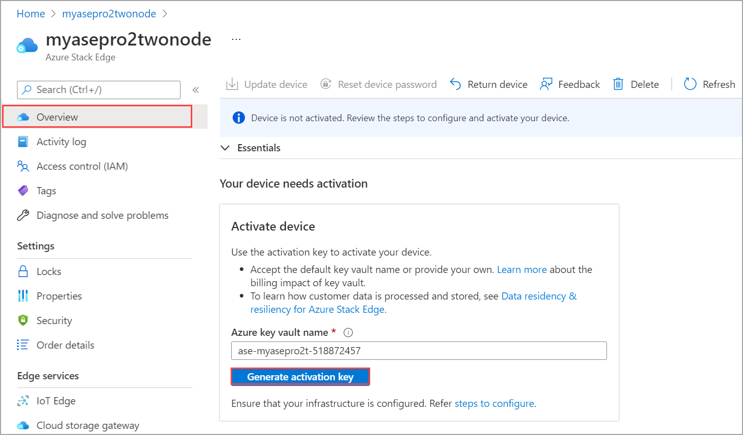 Screenshot of the Overview pane for a newly created Azure Stack Edge resource. The Generate Activation Key button is highlighted.