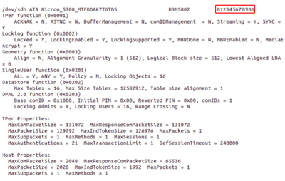 Screen capture of example output of the sedutil tool showing identified volumes.