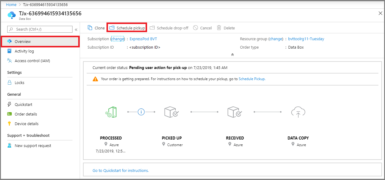 Data Box order, Schedule pickup option