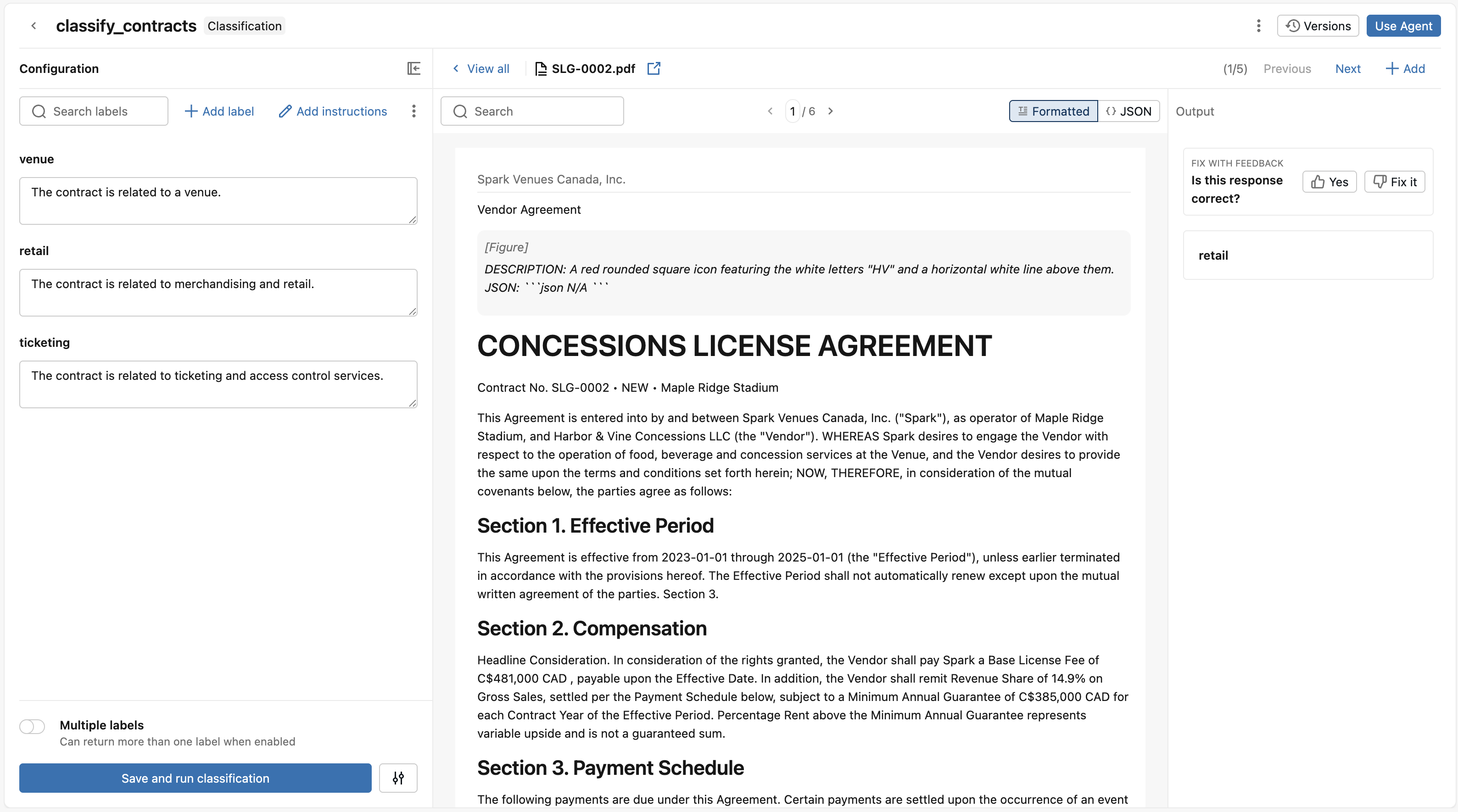 Classification review UI showing classification labels and results