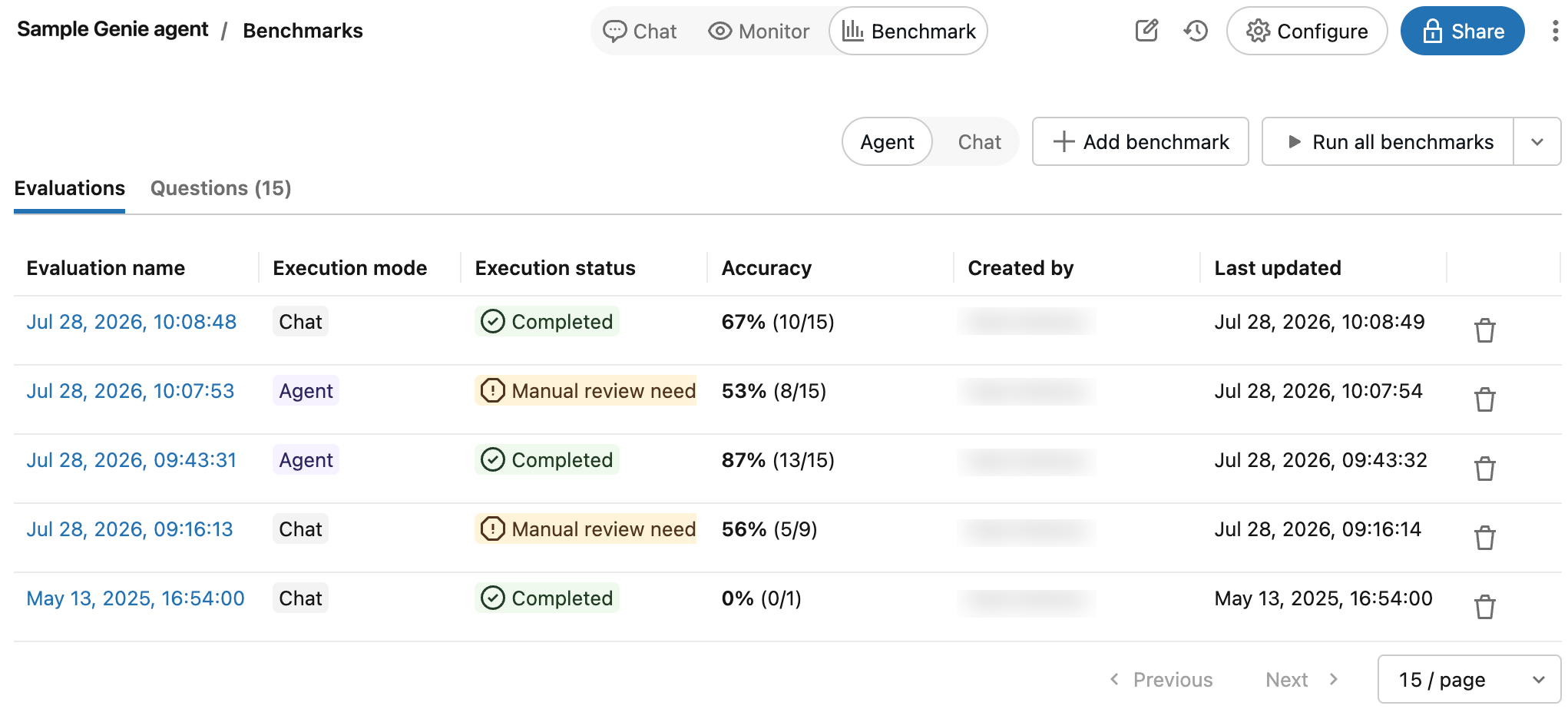 Example benchmarks with accuracy reported on nine questions.