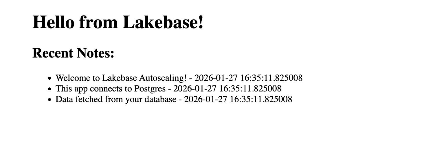 Local app output showing "Hello from Lakebase!" with recent notes