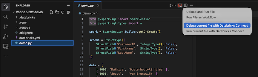 Debug current file from icon