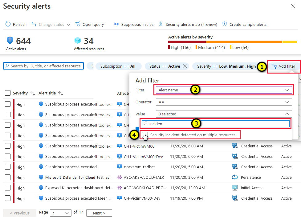 Locating the incidents on the security alerts page in Microsoft Defender for Cloud.