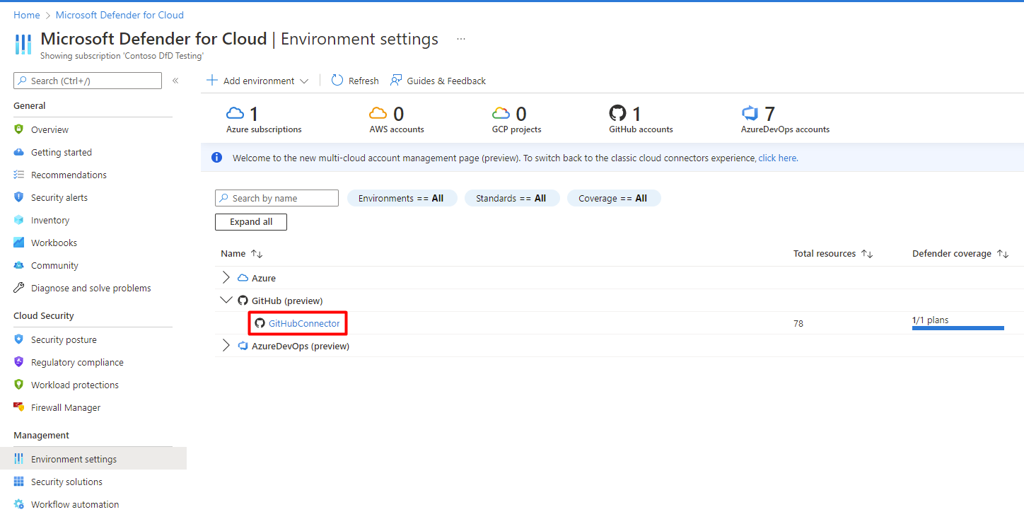 Screenshot showing the Environmental page with the GitHub connector now connected.