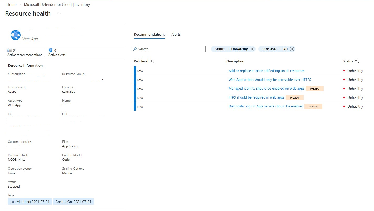 Screenshot that shows a selected resources health.