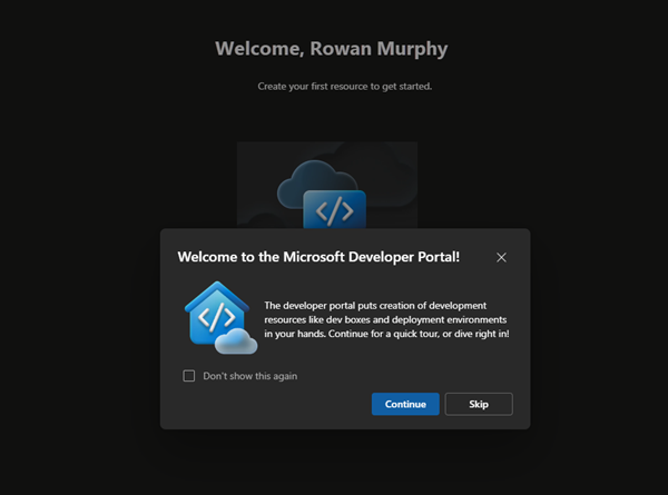 Screenshot of the welcome tour in the developer portal.