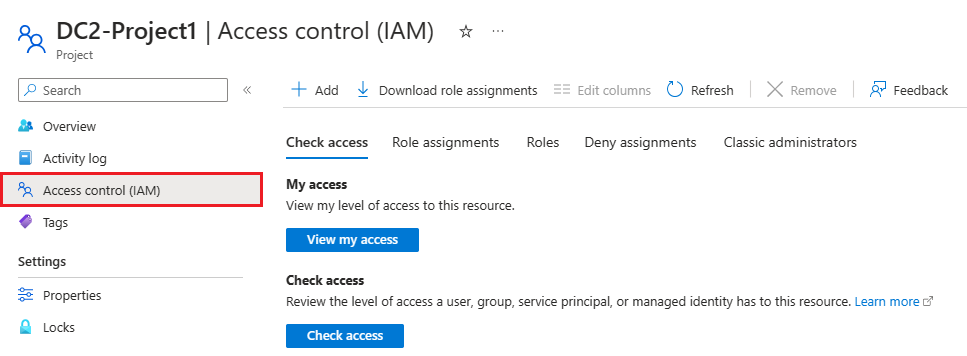 Screenshot of the project's Access Control (IAM) tab showing role assignments in the Azure portal.