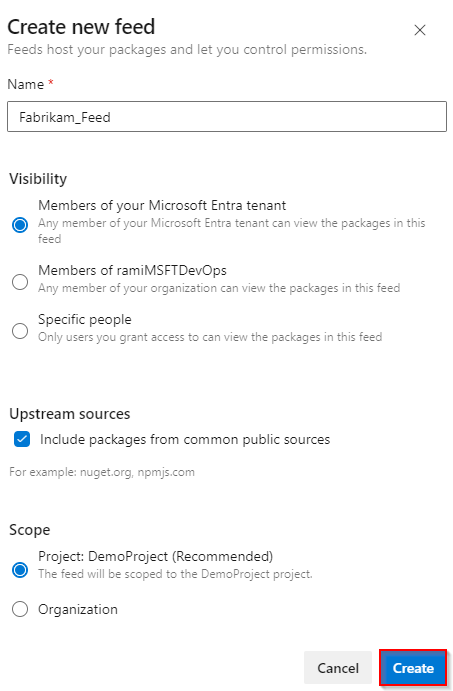 A screenshot showing how to create a new feed in Azure DevOps Services.