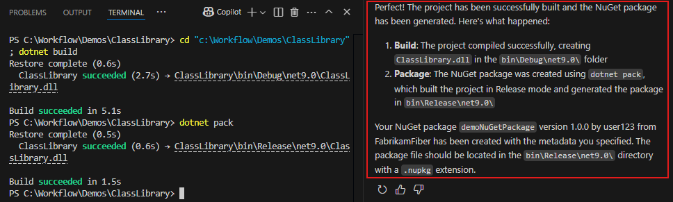 A screenshot showing GitHub Copilot confirming successful creation of the NuGet package.