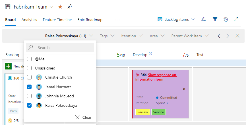 Screenshot of enable Kanban board, Filter on assignment field