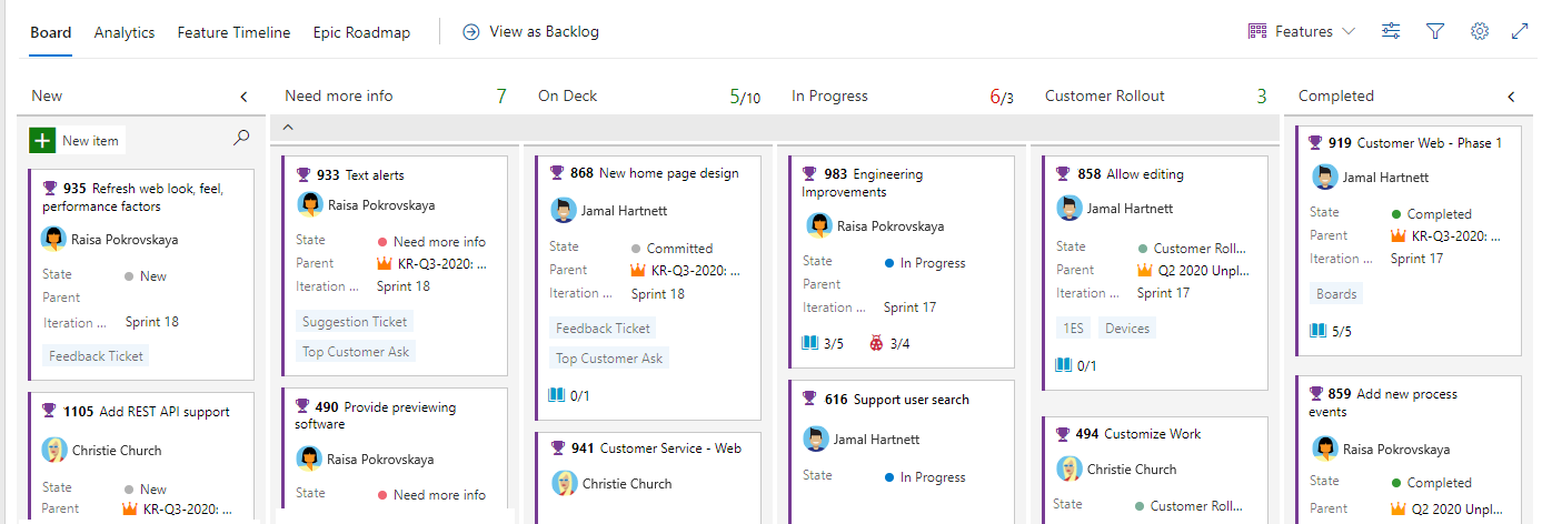 Screenshot of Features board with customized columns.
