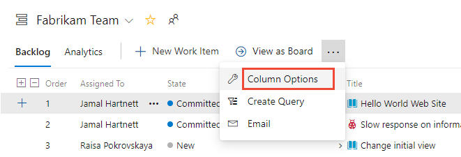 Screenshot, Open Column Options.