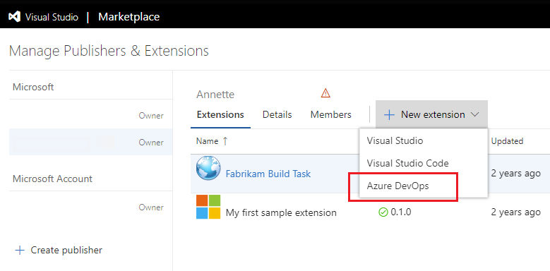 Screenshot showing New extension  dropdown menu and highlighted Azure DevOps selection.