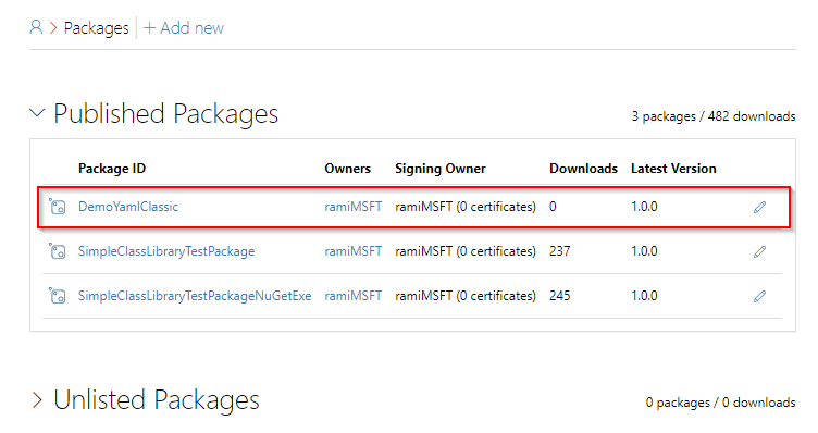 A screenshot showing the published packages in nuget.org.