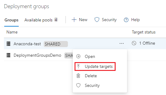 Screenshot that shows how to update targets in deployment groups.