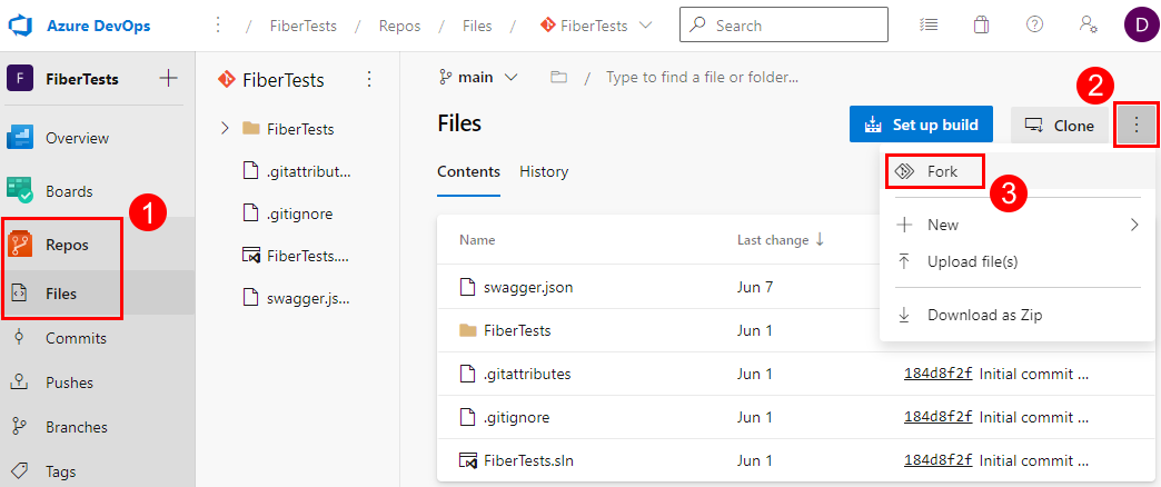 Screenshot of the Fork menu item in the More actions menu on the Repo Files page in Azure Repos.