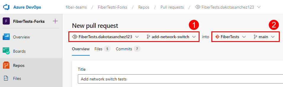 Screenshot of the PR source and target branch options in Azure Repos.