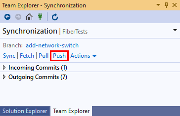 Screenshot of the Push link in the Synchronization view of Team Explorer in Visual Studio 2019.