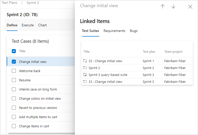 Screenshot showing the Linked Items dialog box for a test case with options to view Test Suites, Requirements, and Bugs.