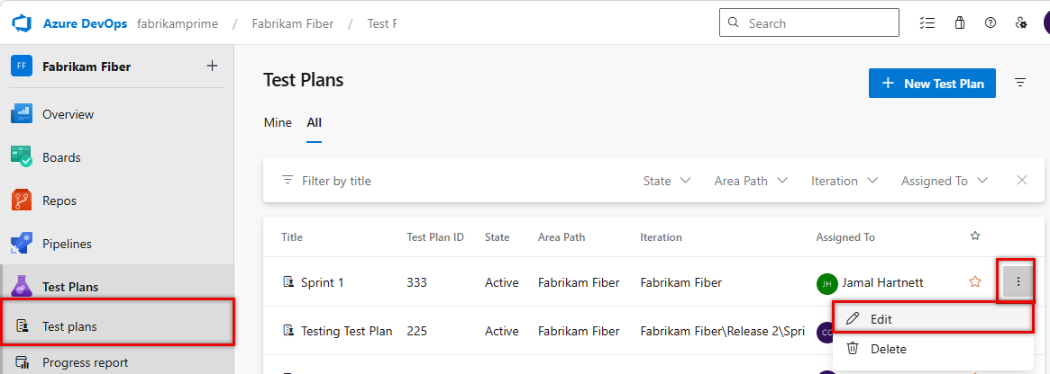 Screenshot shows option to edit a test plan.