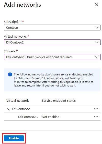 Screenshot that shows the resource group networking pane with Enable highlighted.