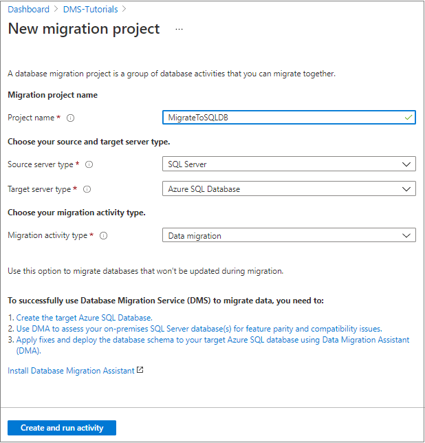 Create Database Migration Service Project